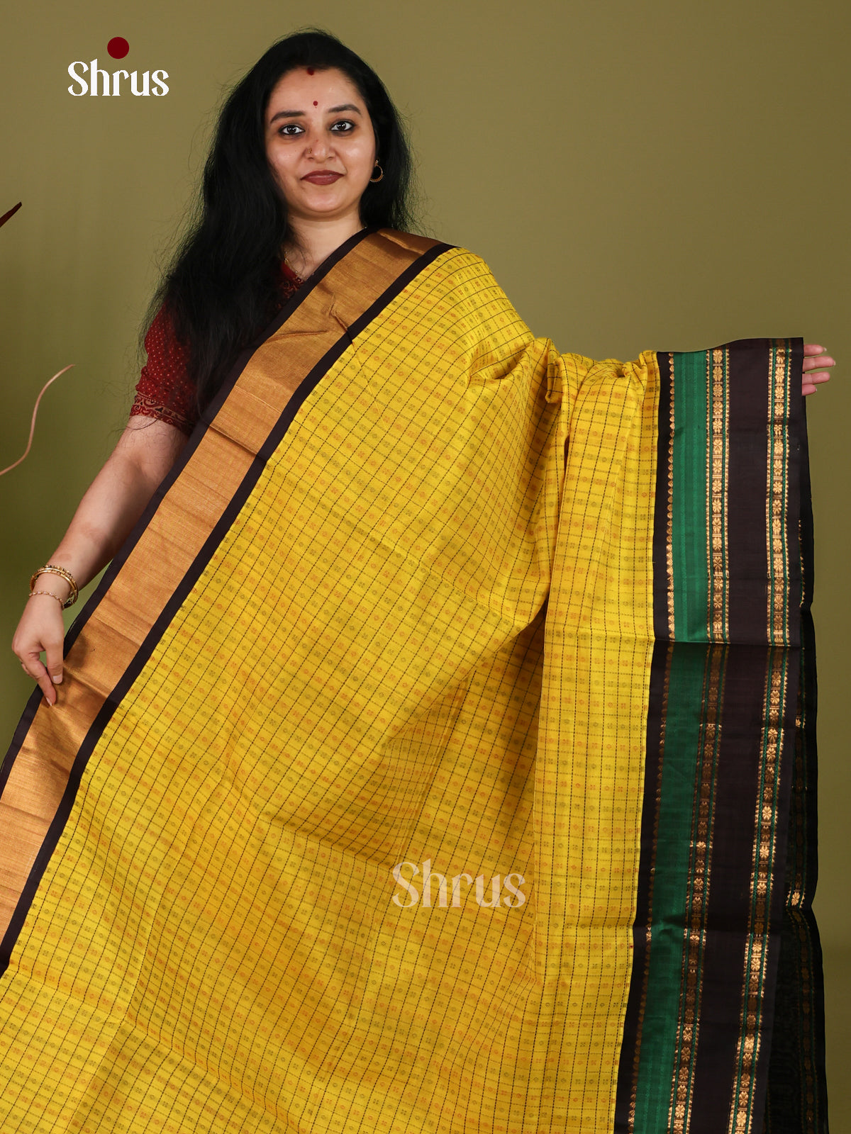 Luminous Yellow Cotton Silk Saree With Fine Checks, Dots & Zari Border With Black & Green Bands 1