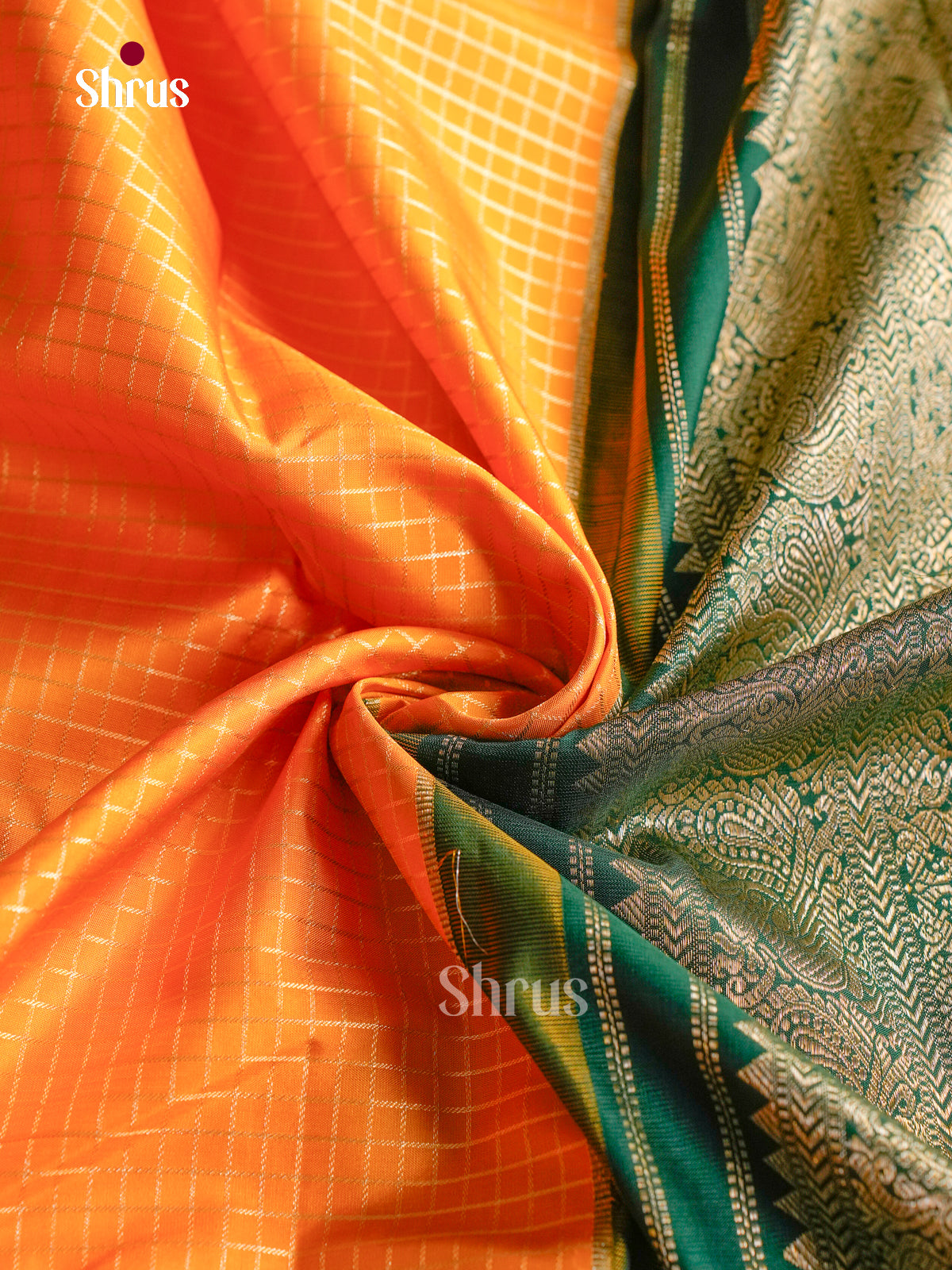 Luminous Yellow Silk Saree With Small Zari Checks | Dark Green Temple Zari Border & Pallu
