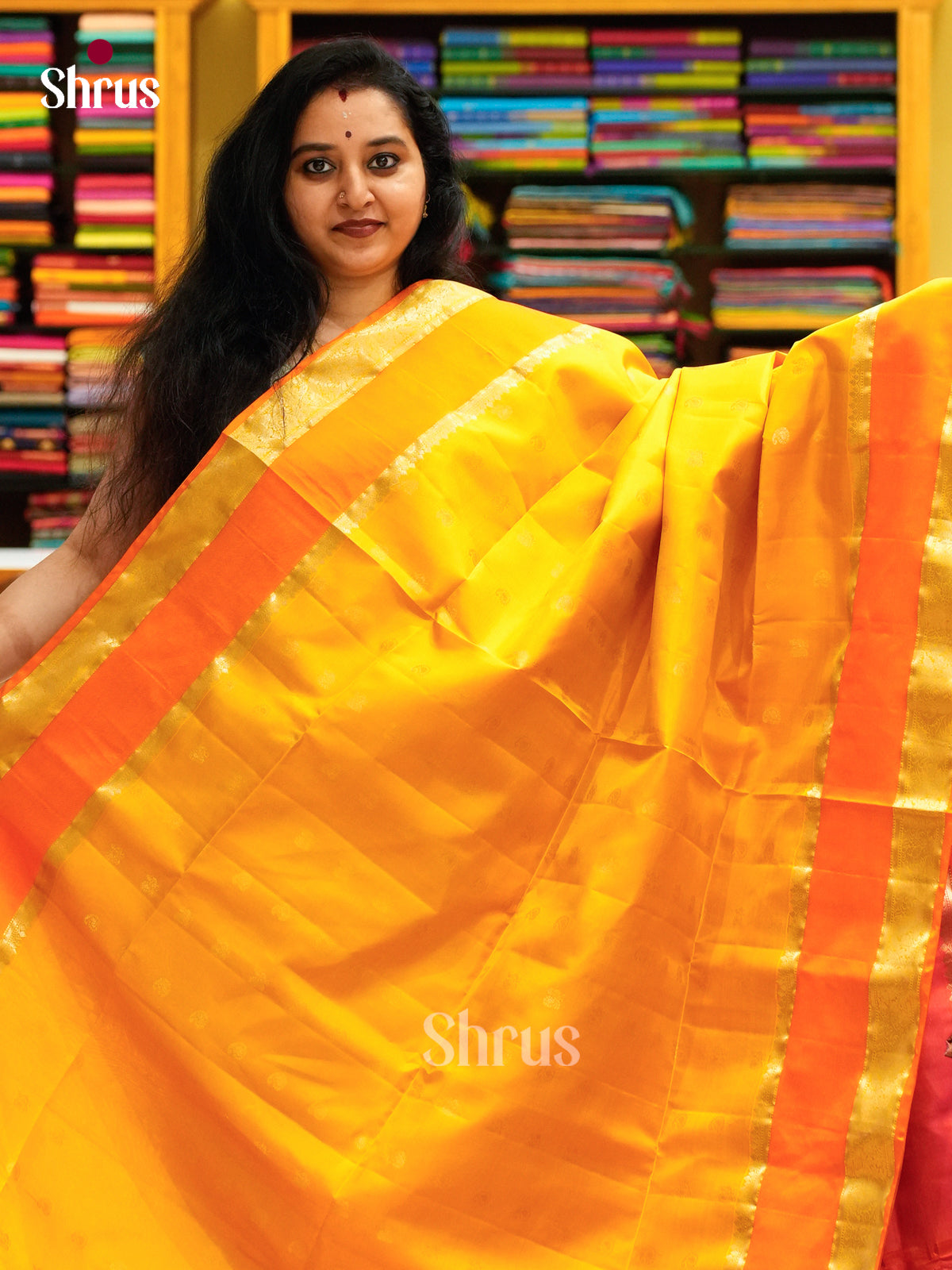 Luminous Yellow Soft Silk Sarees with Gold Buttas, Orange Rettapet Border & Brocade Pallu
