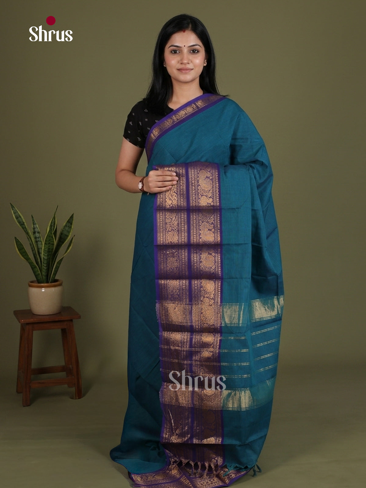 Lustrous Blue Chettinad Cotton Saree With Big Golden Border & Zari Striped Pallu