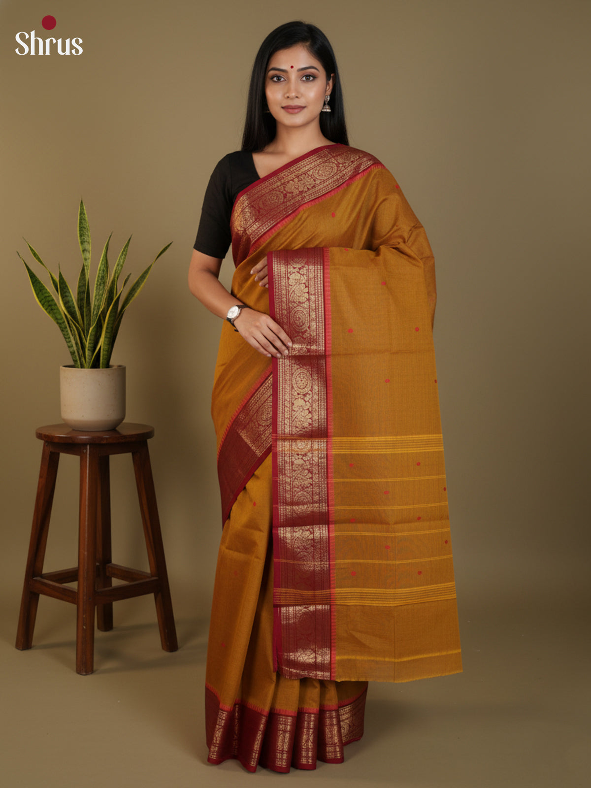 Lustrous Dark Mustard Chettinad Cotton Sarees With Thread Buttas & Maroon Temple Zari Border