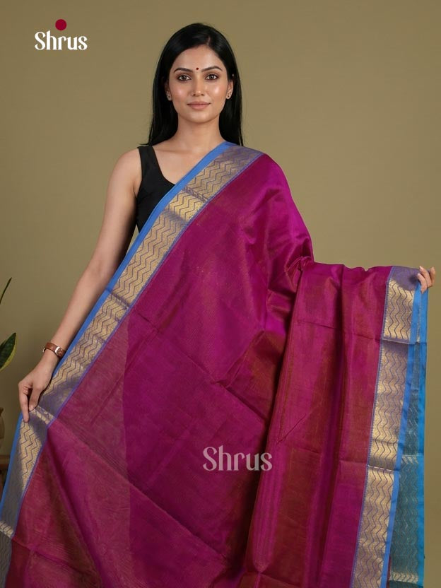 Lustrous Deep Pink Cotton Silk Saree with Plain Body, Sky Blue Zari Border & Traditional Chit Pallu 1
