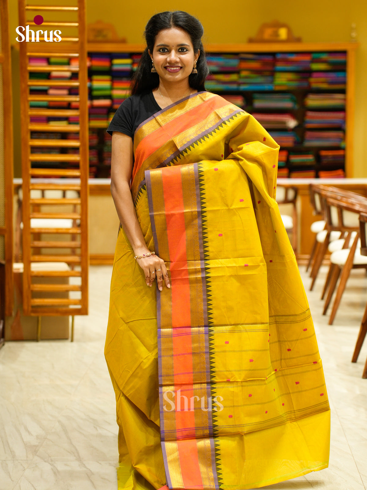 Lustrous Mustard Chettinad Cotton Saree With Small Buttas & Violet Rettapet Zari Border