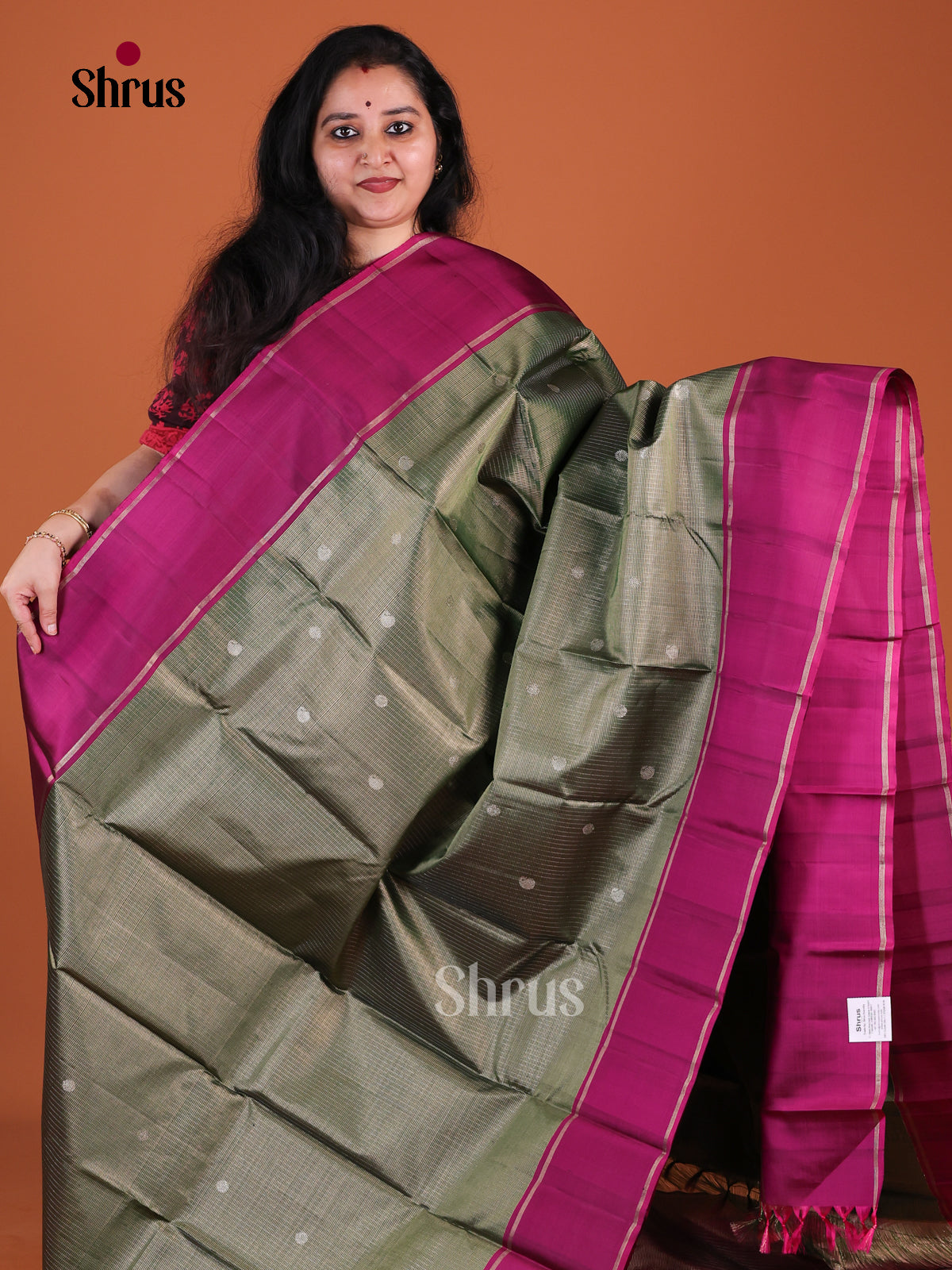 Lustrous Sage Green Kanchipuram Pattu Saree With Intricate Checks & Buttas | Magenta Pink Border With Zari Stripes