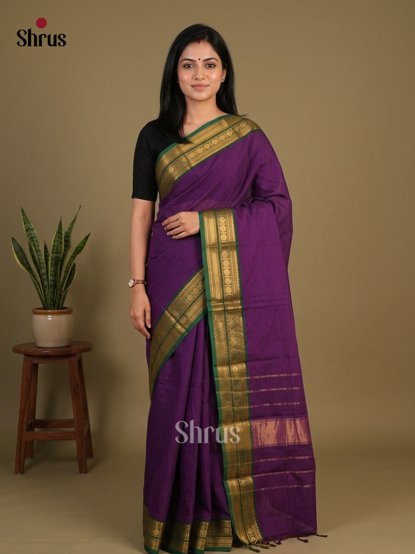 Luxurious Eggplant Purple Chettinad Cotton Saree With Plain Body & Green Zari Border