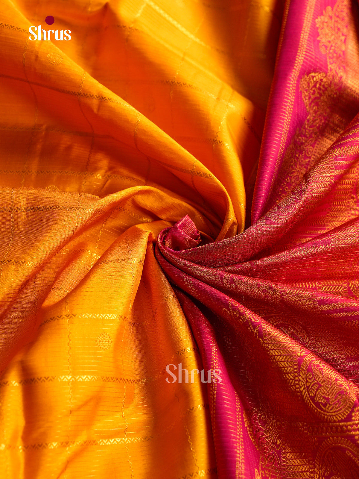 Luxurious Mustard Kanchi Pattu Saree With Zari Checks & Round Buttas | Dark Pink Broad Zari Border