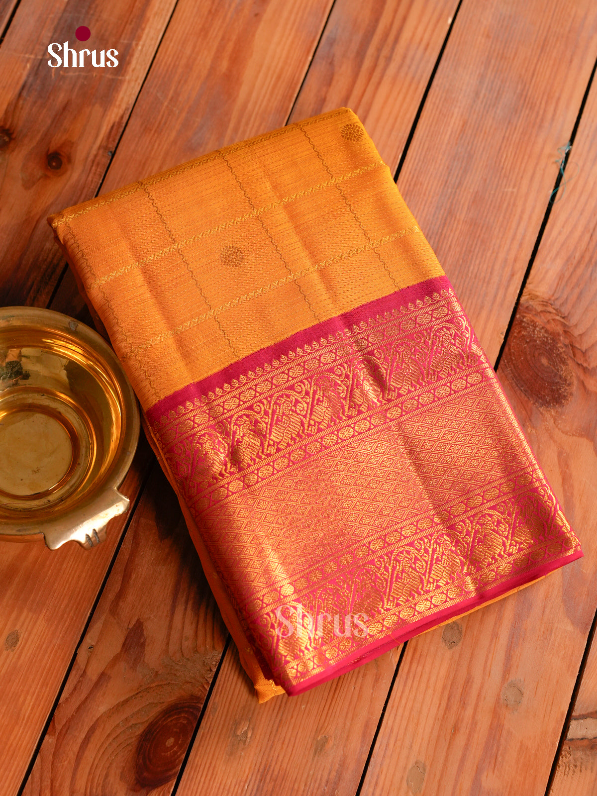 Luxurious Mustard Kanchipuram Silk Saree With Zari Checks & Round Buttas | Dark Pink Broad Zari Border