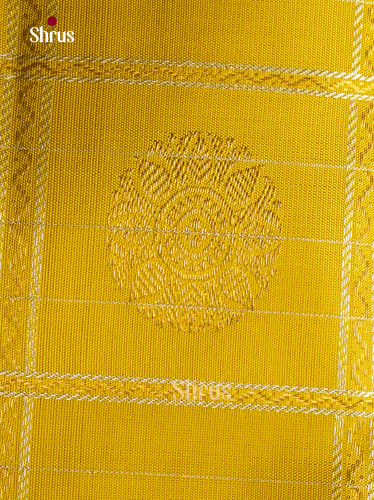 Luxurious Mustard Yellow Kanchipuram silk Sarees With Silver & Gold Grid Kattams, Buttas & Eggplant Zari Border