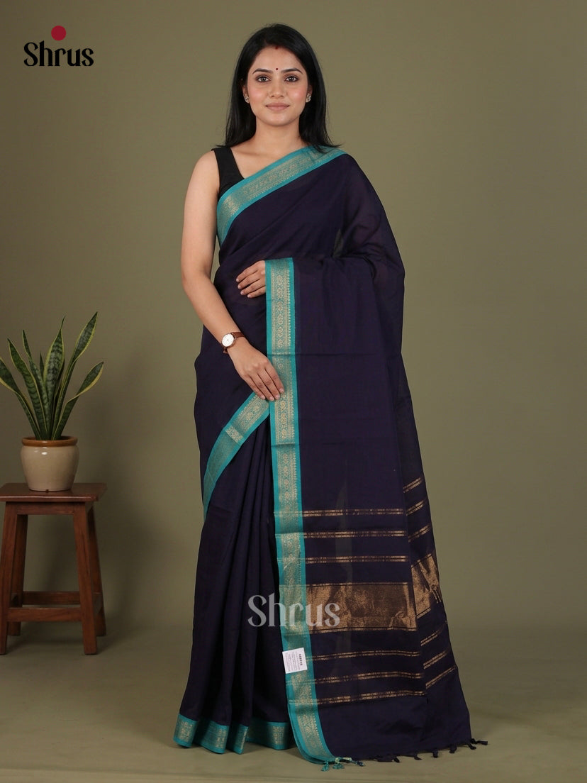Luxurious Navy Blue Chettinad Cotton Saree With Plain Body & Turquoise Small Zari Border