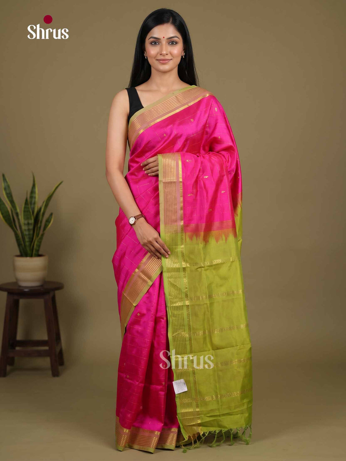 Luxurious Pink Cotton Silk Saree With Gold Checks, Buttas, Light Green Striped Border & Mustard Green Zari Pallu