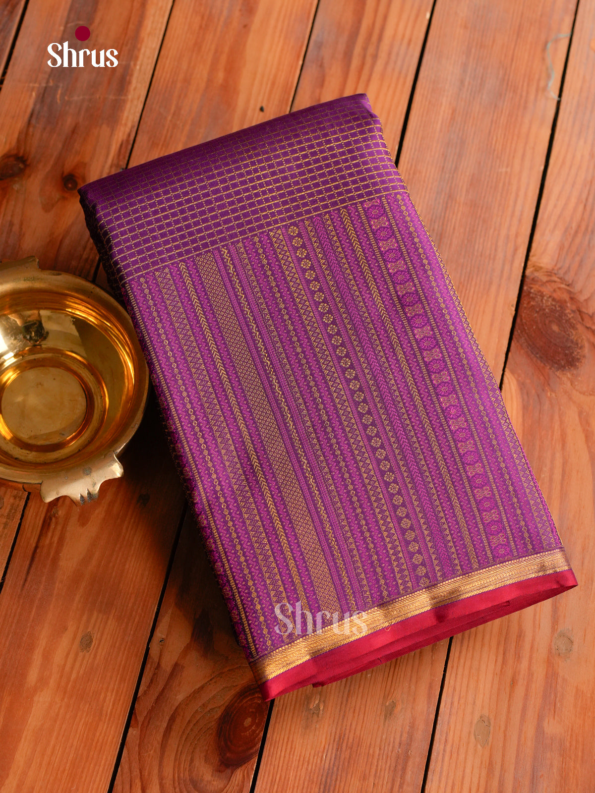 Luxurious Purple Kanchipuram Saree With Fine Zari Checks & Self Border With Geometric Bands