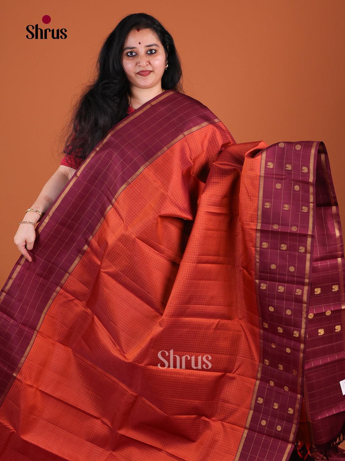 Luxurious Rust Orange Kanchipuram Pattu Saree With Micro checks | Wine Border With Zari Checks & Buttas