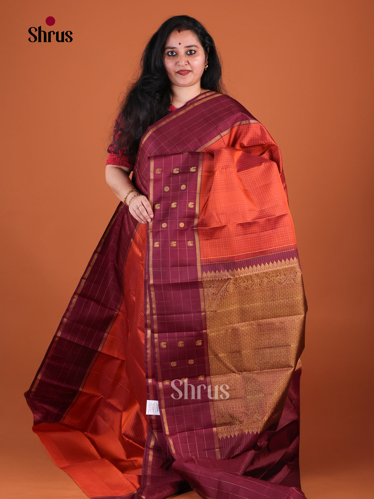 Luxurious Rust Orange Kanchipuram Saree With Micro checks | Wine Border With Zari Checks & Buttas