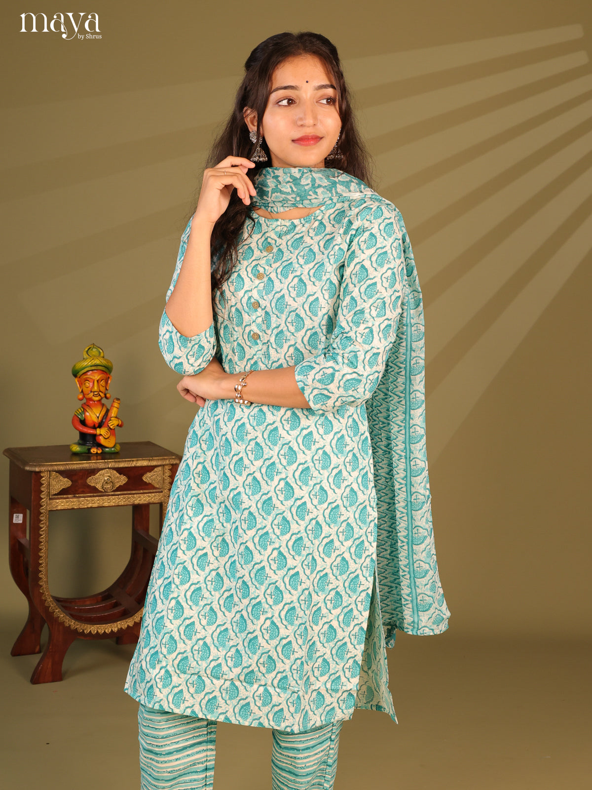 Green Cotton 3pc Salwar Suit with Jaipur Print - Top, Bottom & Dupatta - Shop on Shrus.com