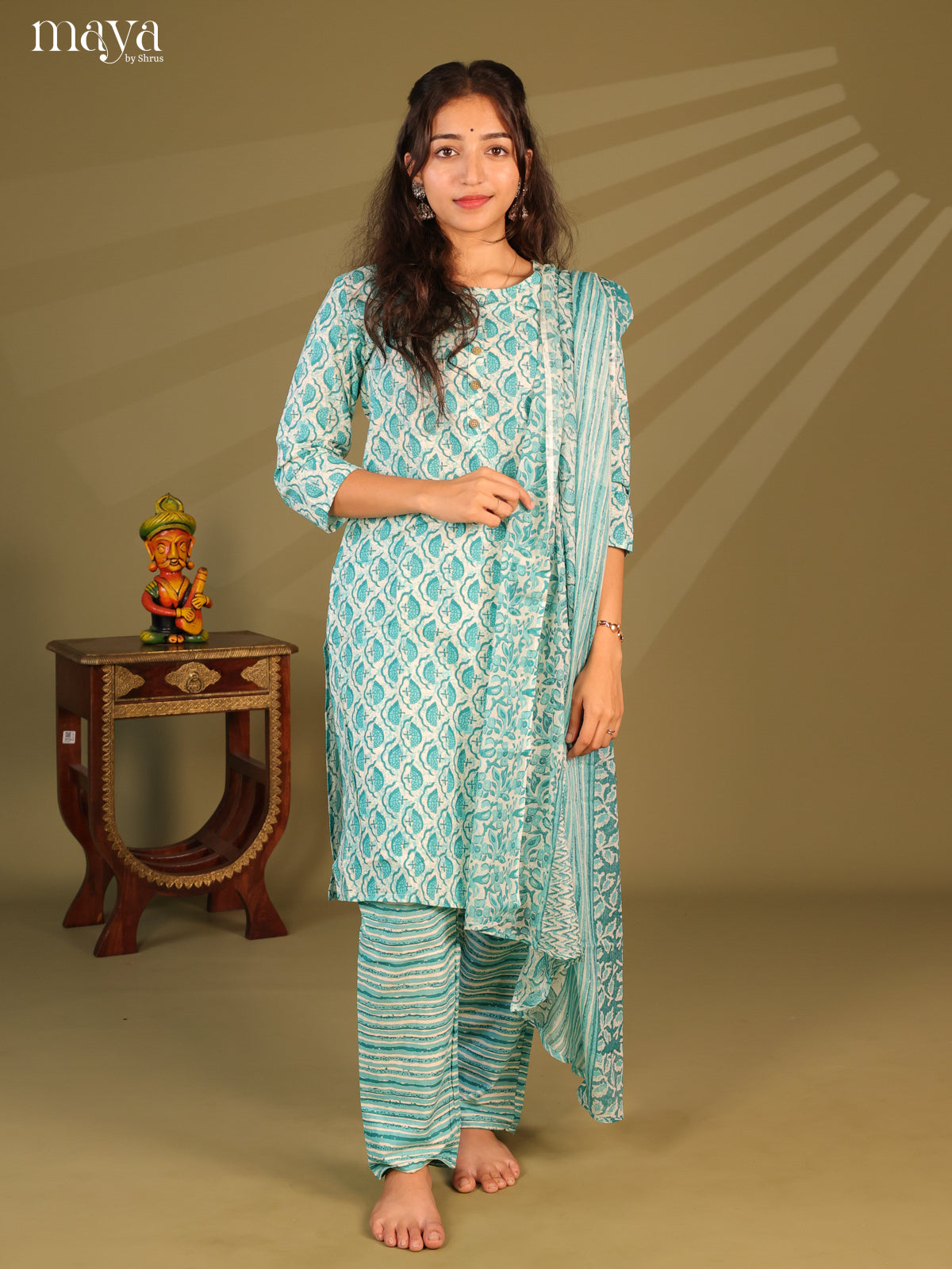 Green Cotton 3pc Salwar Suit with Jaipur Print - Top, Bottom & Dupatta - Shop on Shrus.com