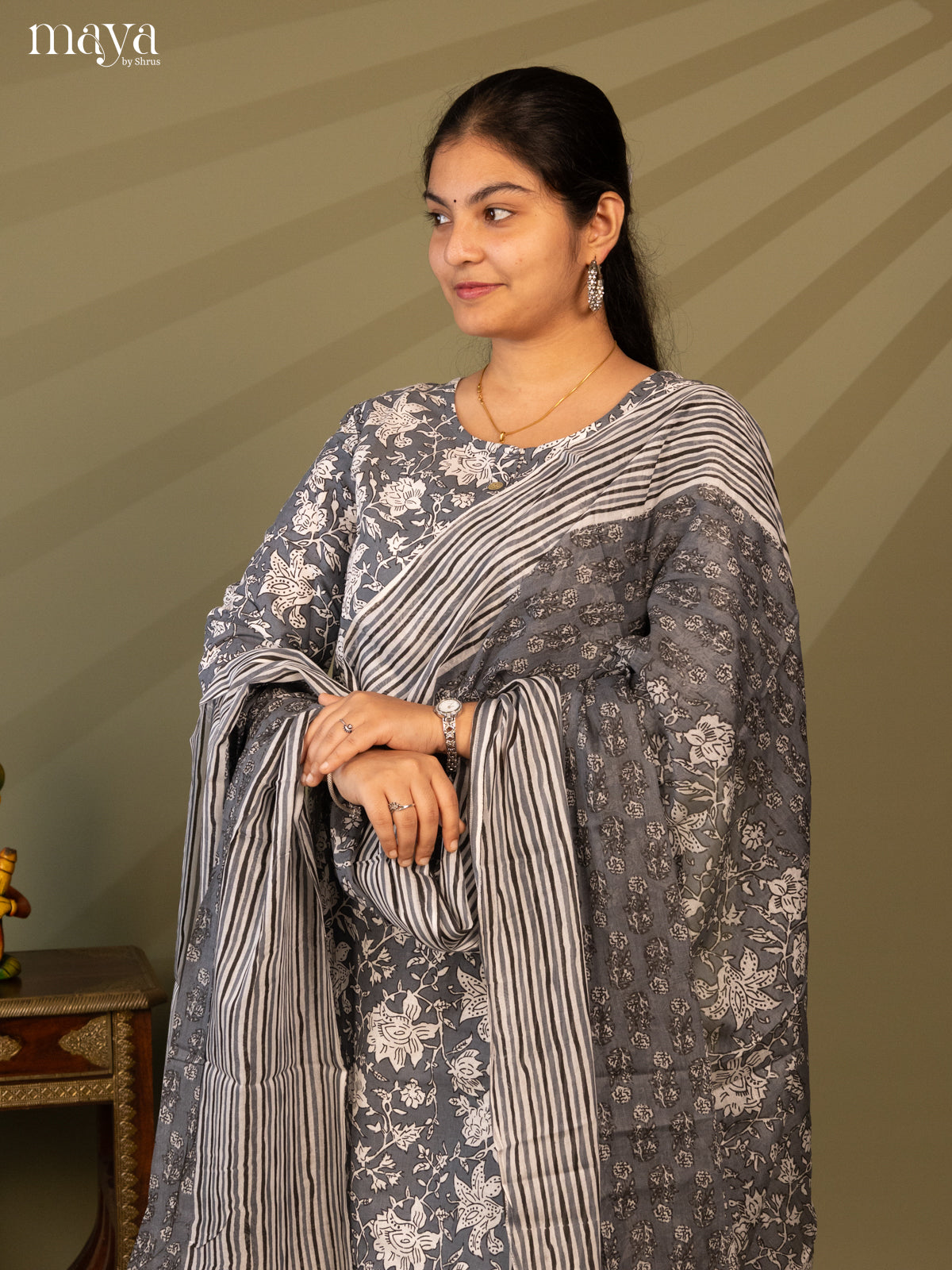 Grey Cotton 3pc Salwar Suit with Floral Print - Top, Bottom & Dupatta - Shop on Shrus.com