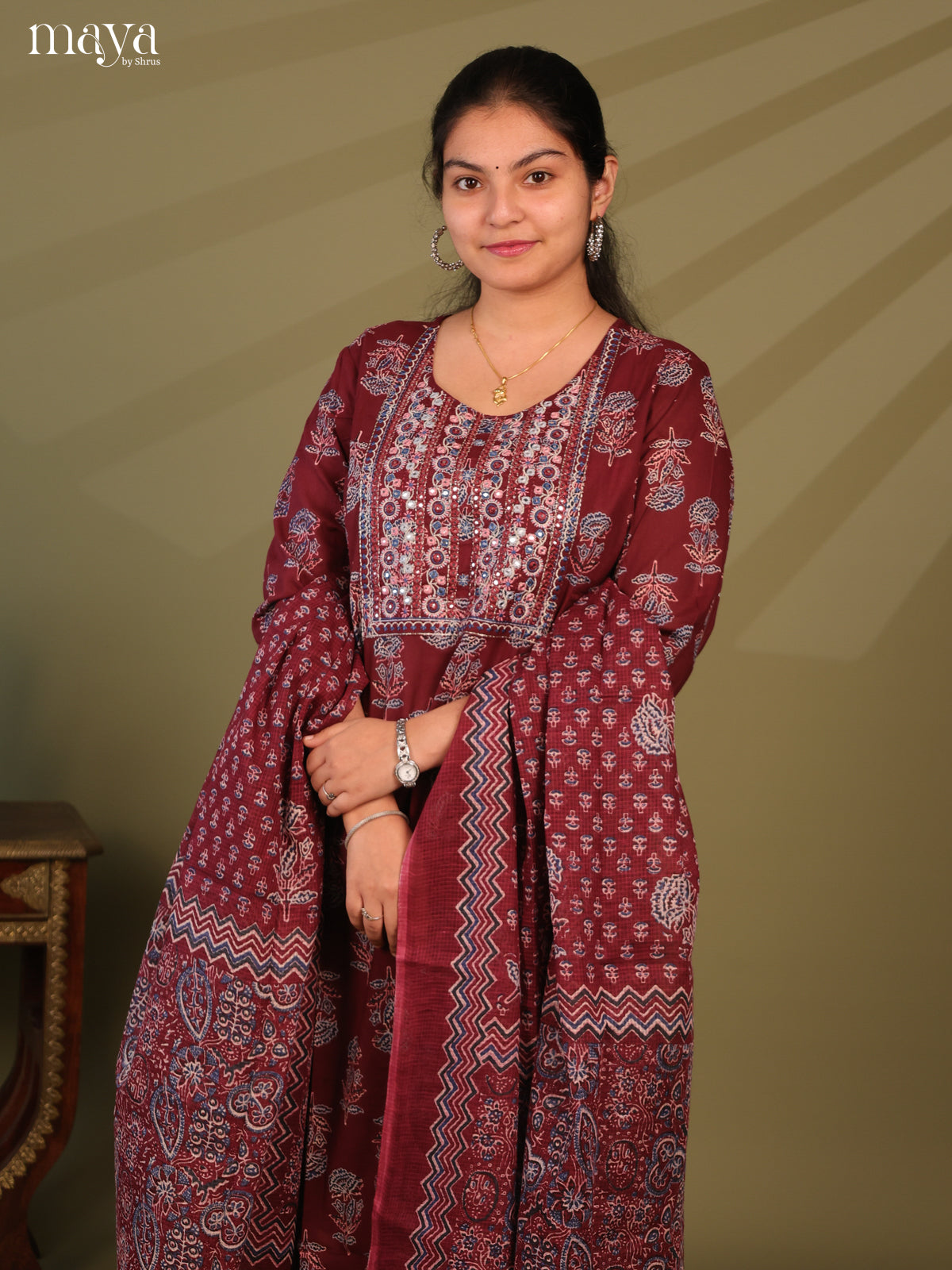 Maroon Cotton 3pc Salwar Suit with Ajrakh Print - Top, Bottom & Dupatta - Shop on Shrus.com