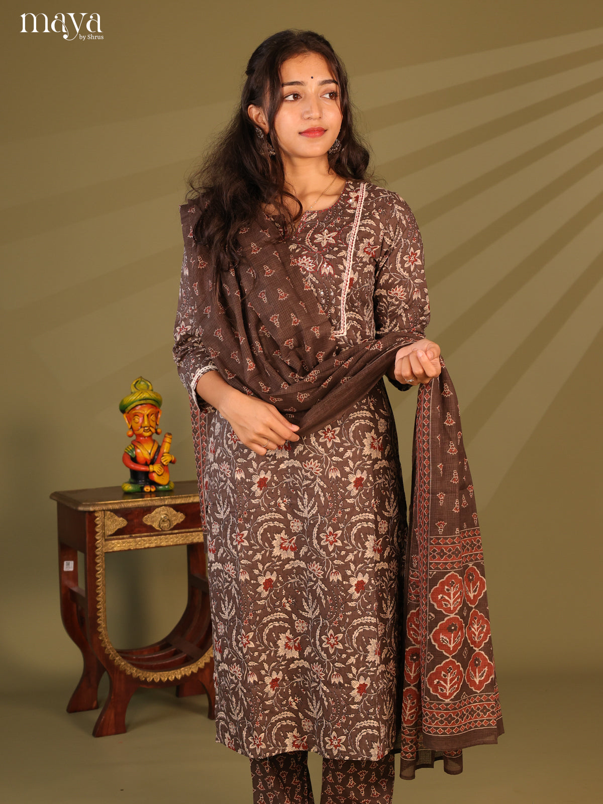 Brown Cotton 3pc Salwar Suit with Floral Print - Top, Bottom & Dupatta - Shop on Shrus.com