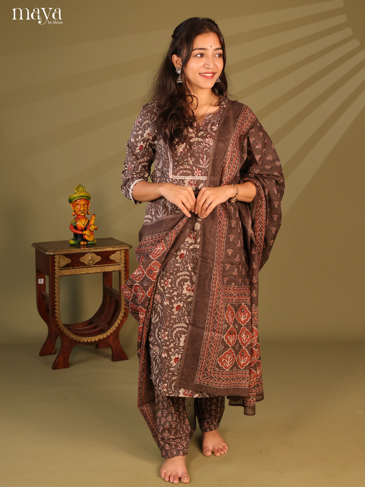 Brown Cotton 3pc Salwar Suit with Floral Print - Top, Bottom & Dupatta - Shop on Shrus.com