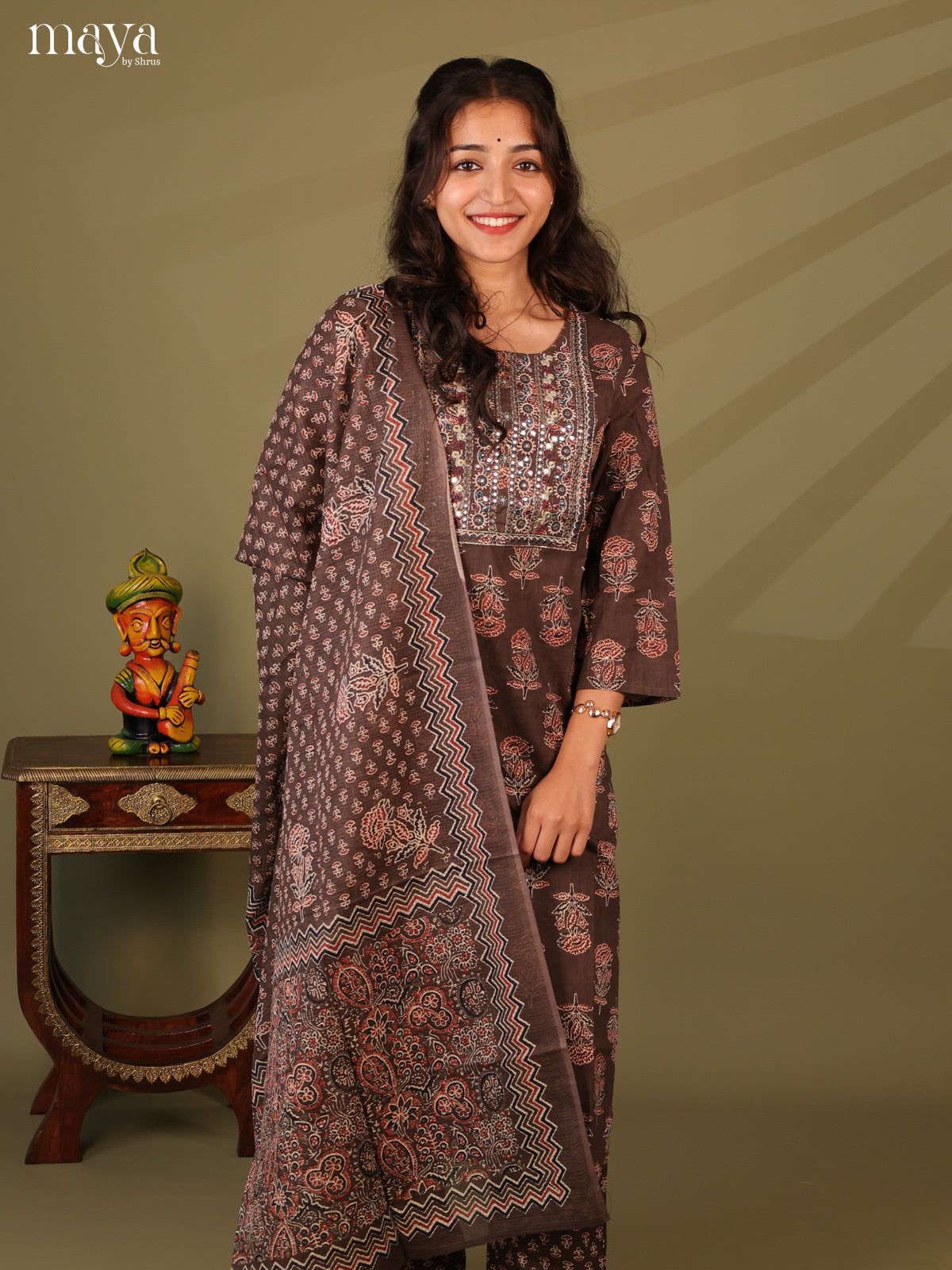 Brown Cotton 3pc Salwar Suit with Ajrakh Print - Top, Bottom & Dupatta - Shop on Shrus.com