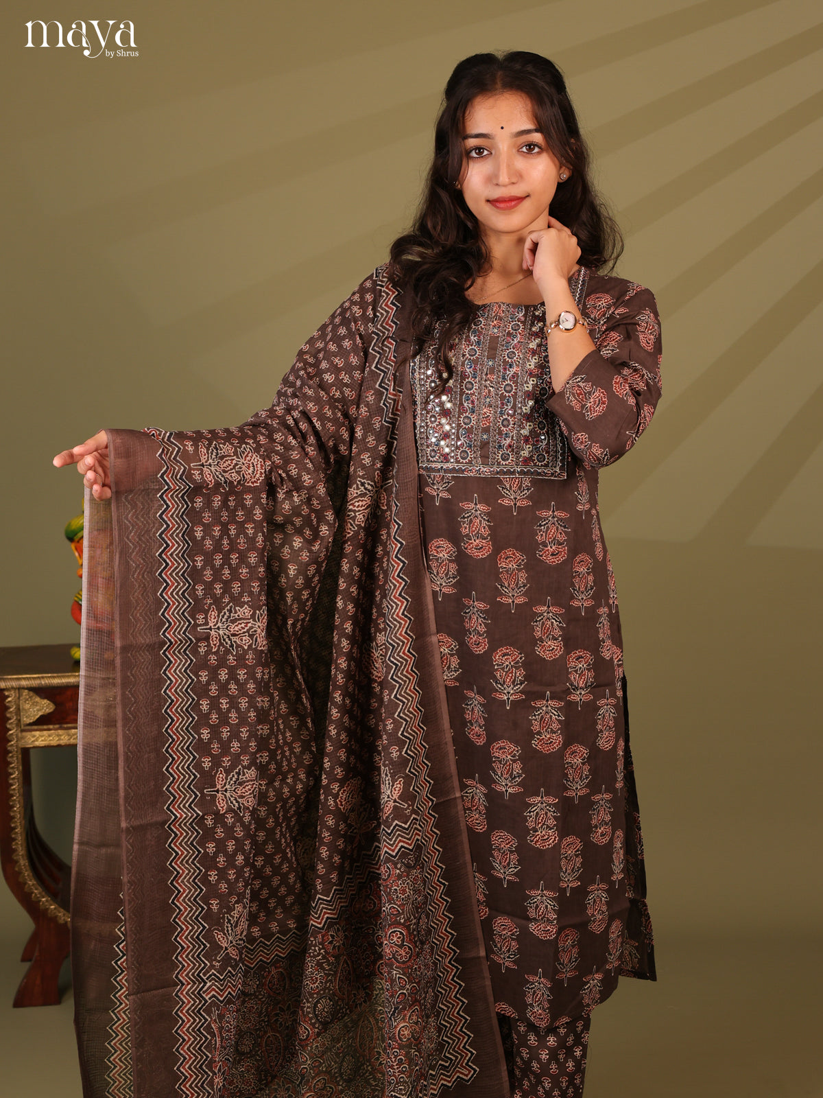 Brown Cotton 3pc Salwar Suit with Ajrakh Print - Top, Bottom & Dupatta - Shop on Shrus.com
