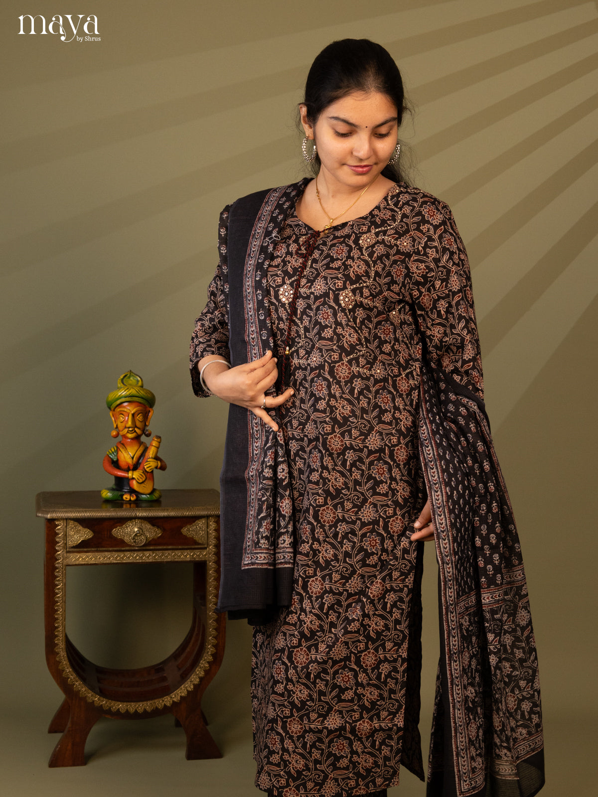 Black Cotton 3pc Salwar Suit with Floral Print - Top, Bottom & Dupatta - Shop on Shrus.com