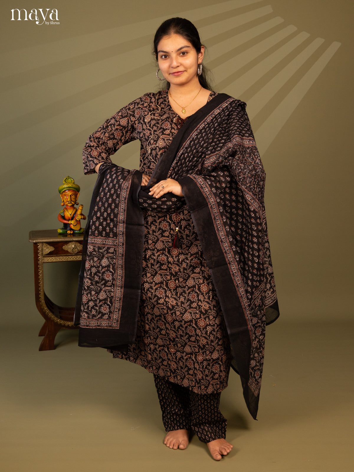 Black Cotton 3pc Salwar Suit with Floral Print - Top, Bottom & Dupatta - Shop on Shrus.com
