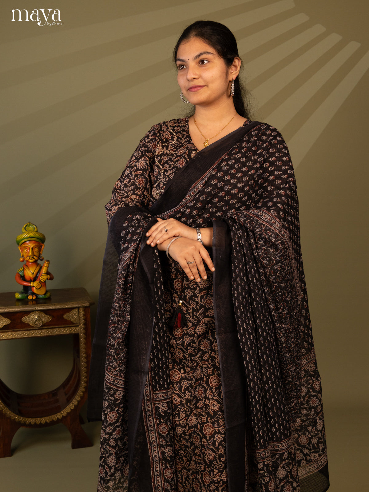 Black Cotton 3pc Salwar Suit with Floral Print - Top, Bottom & Dupatta - Shop on Shrus.com