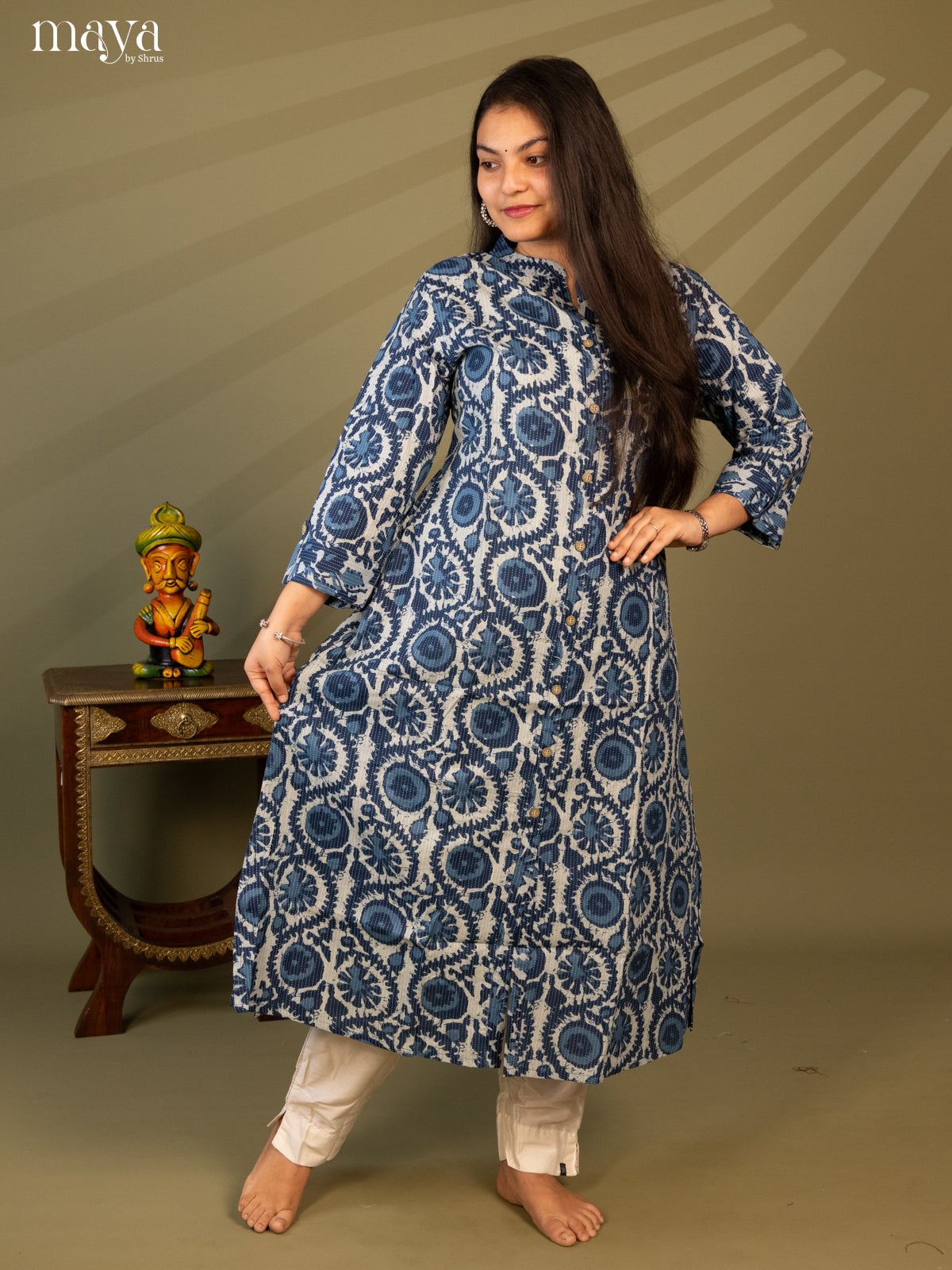 Blue Cotton Floral Print Kurti With Kantha Work - Shop on Shrus.com