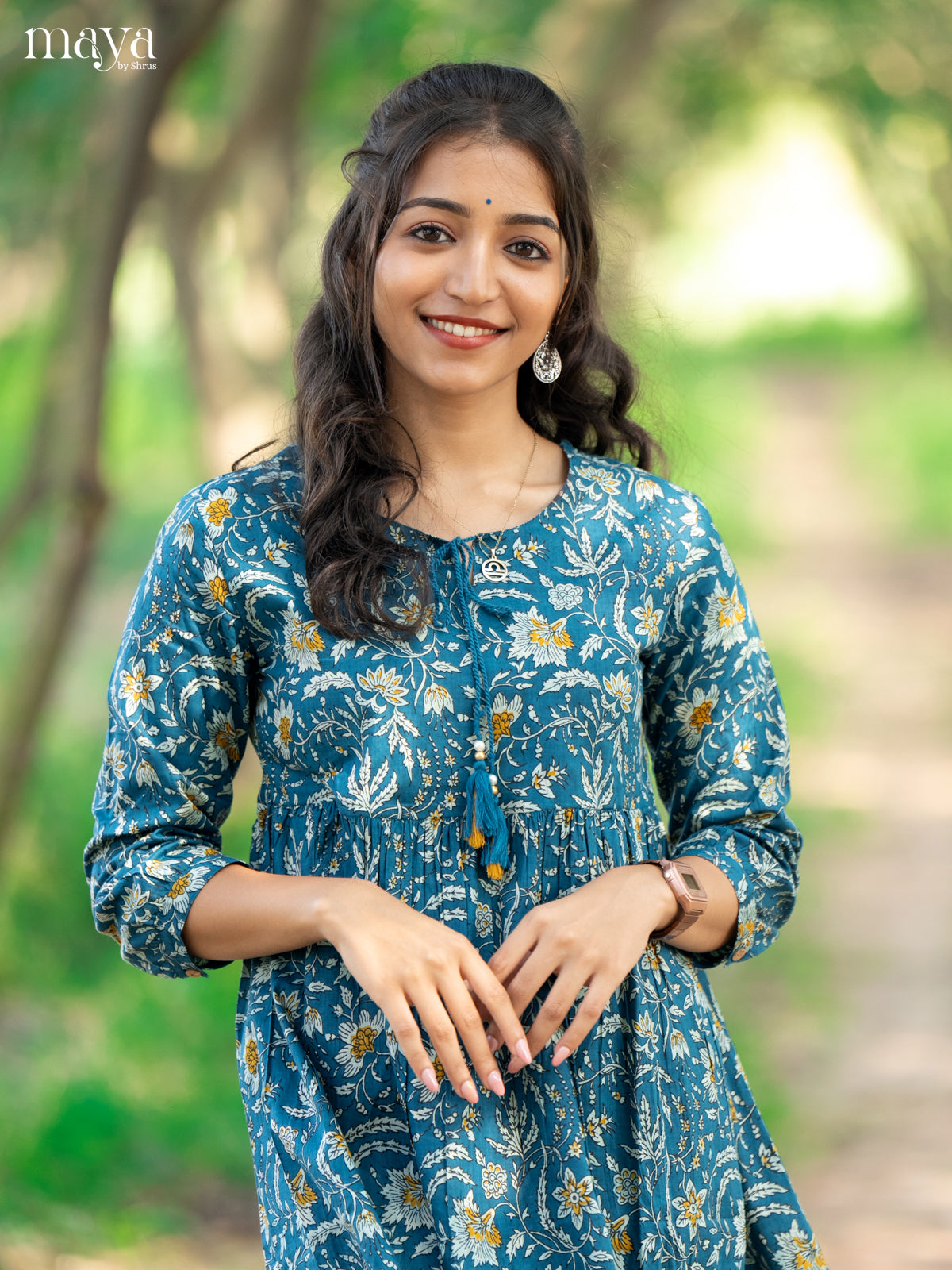 Floral Printed Blue Cotton Short Kurti - Shop on Shrus.com