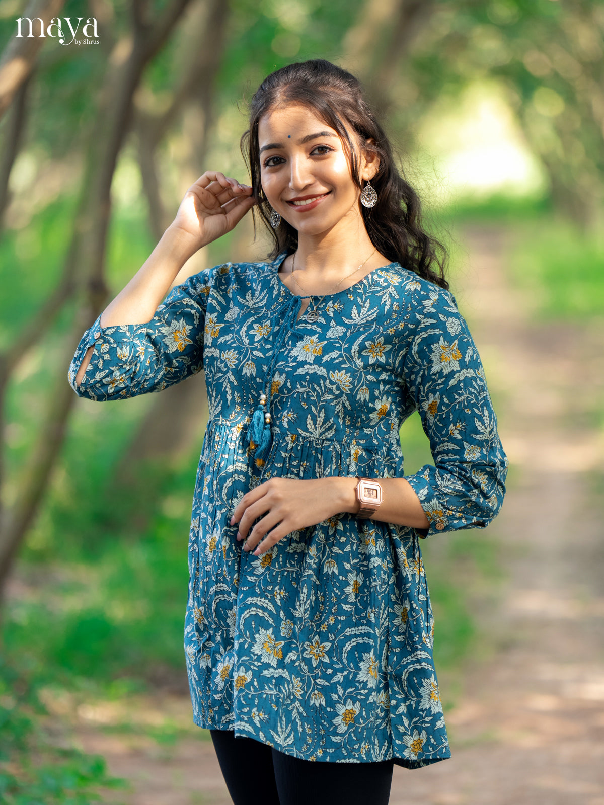 Floral Printed Blue Cotton Short Kurti - Shop on Shrus.com