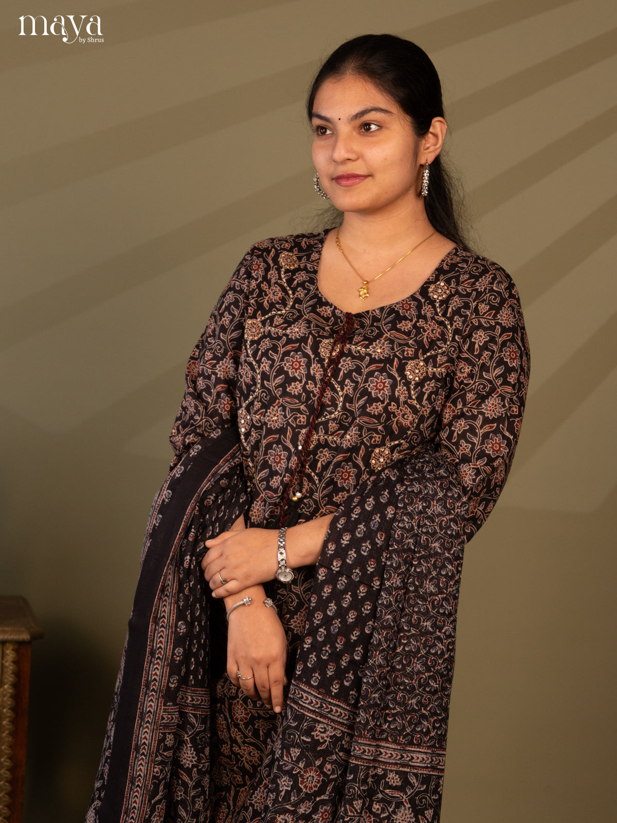 Black Cotton 3Pc Salwar Suit with Floral Print - Top, Bottom & Dupatta - Shop on Shrus.com