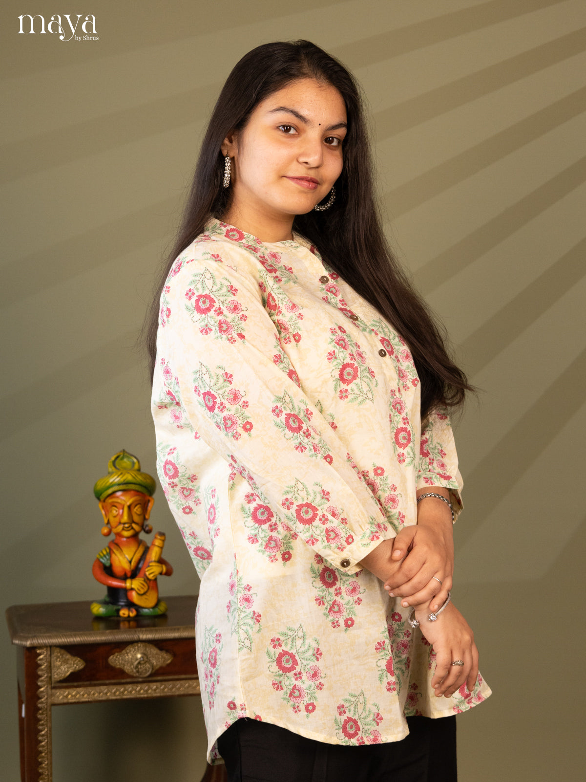 Floral Printed Cream Cotton Short Kurti - Shop on Shrus.com