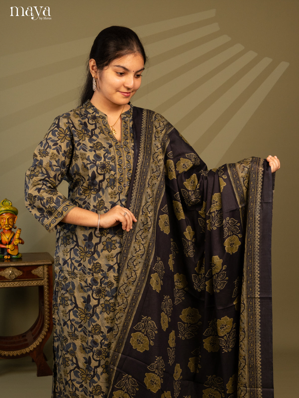 Green Cotton 3Pc Salwar Suit with Floral Print - Top, Bottom & Dupatta - Shop on Shrus.com