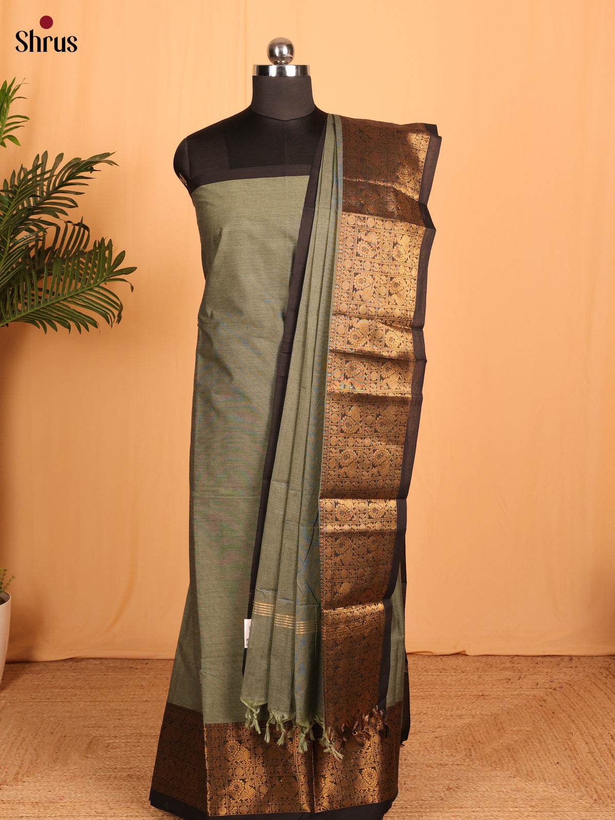 Grey With Black Chettinad Cotton Unstitched Suit set