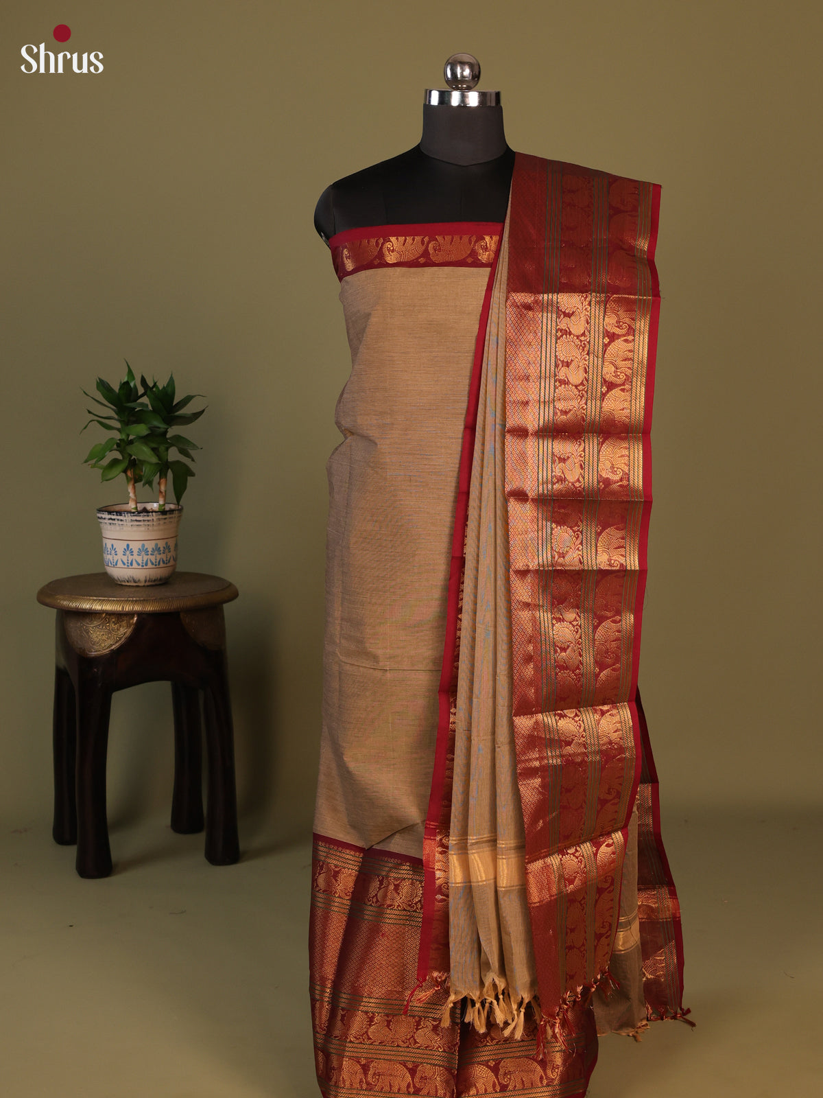 Grey & Maroon - chettinad top & dupatta combo