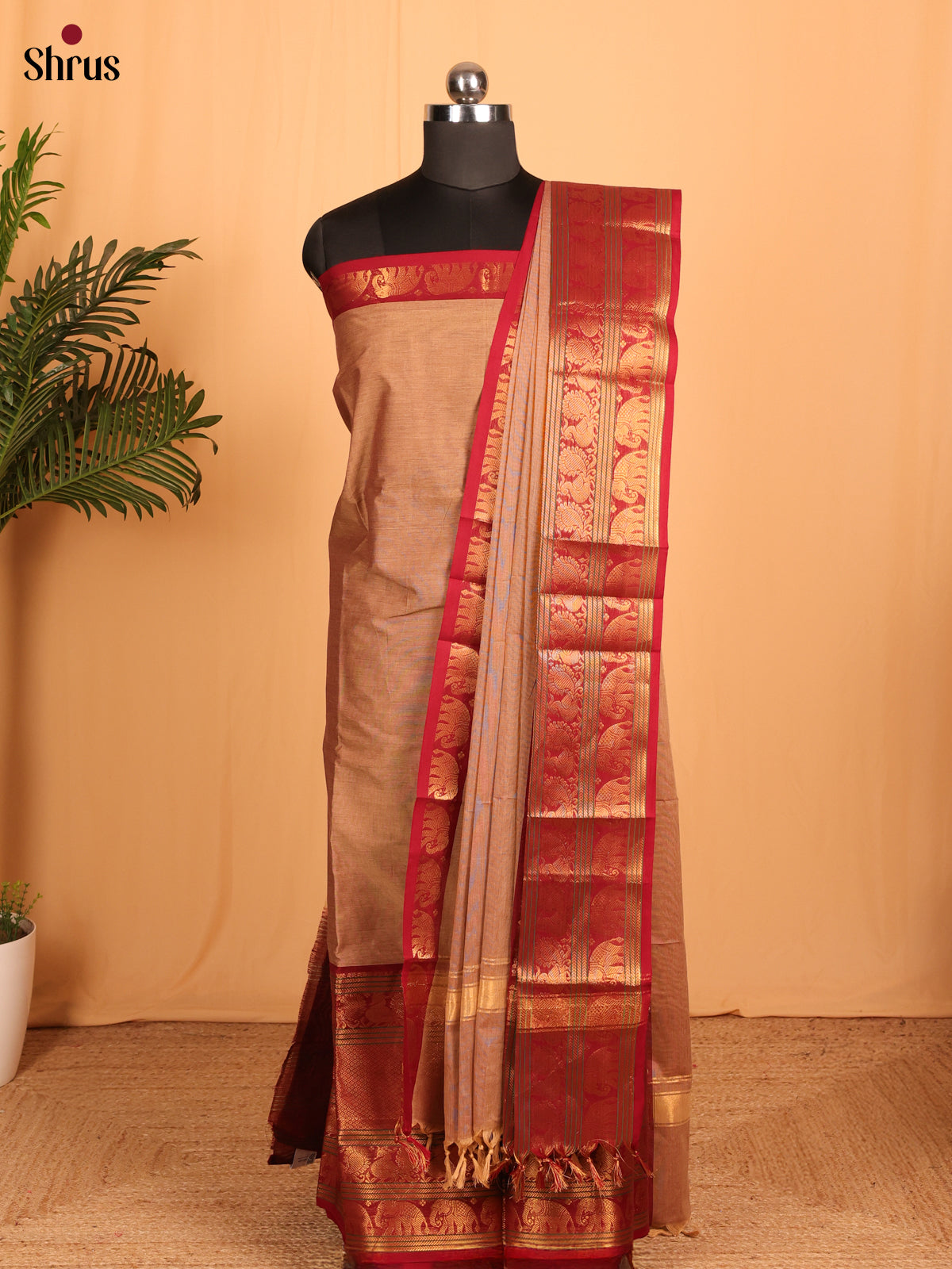 Lite Brown & Red - chettinad top & dupatta combo