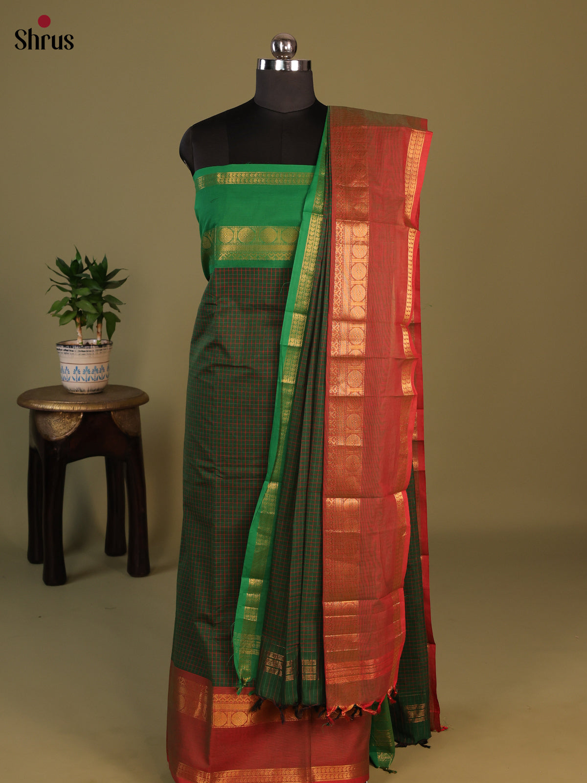 Green & Brown - chettinad top & dupatta combo