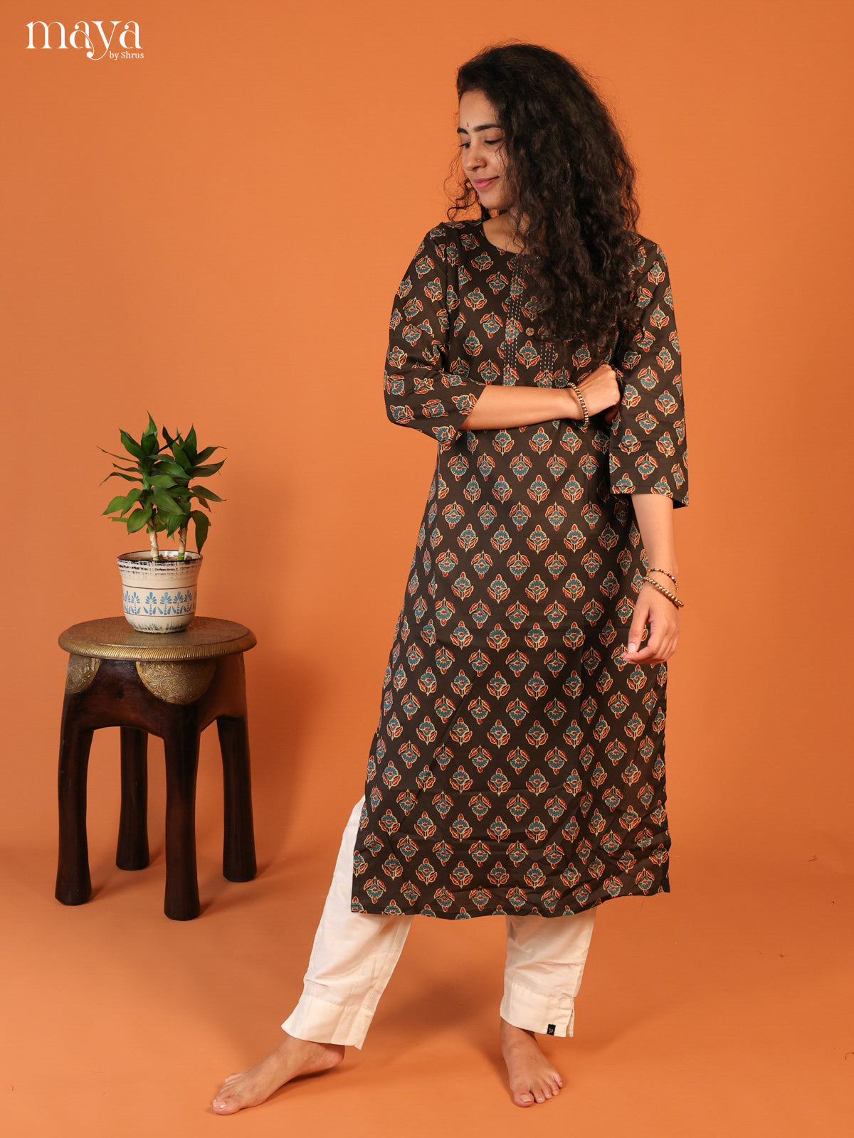 Floral Printed Browm Cotton Kurti - Shop on Shrus.com