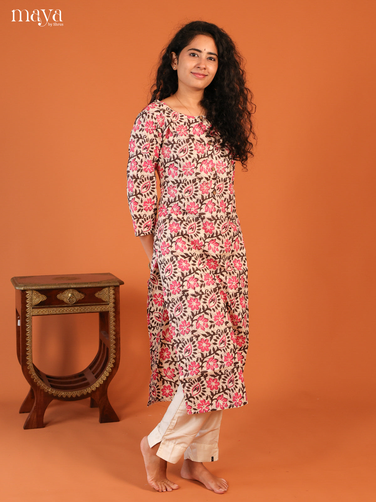 Cream Floral Printed Cotton Kurti - Shop on Shrus.com
