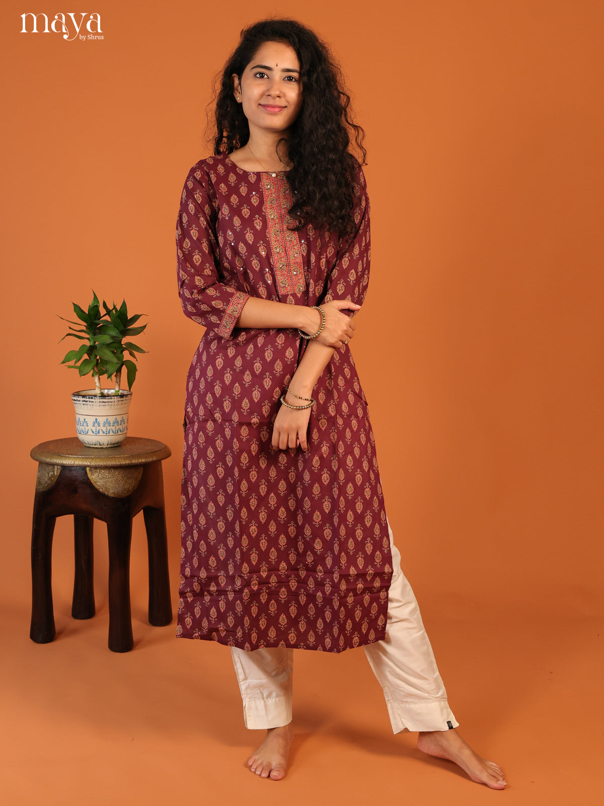 Magenta Floral Printed Cotton Kurti - Shop on Shrus.com
