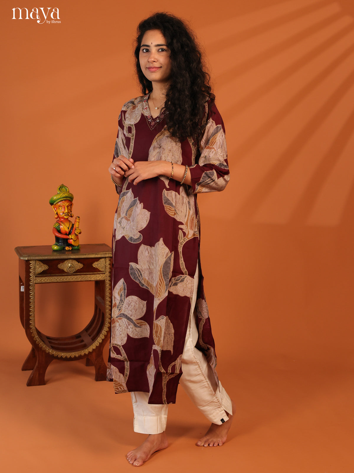 Maroon Floral Printed Cotton Kurti - Shop on Shrus.com