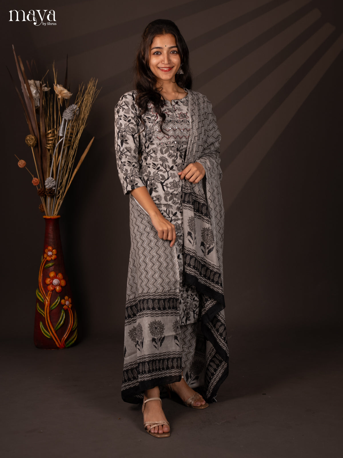 Grey Cotton 3Pc Salwar Suit with Floral Print - Top, Bottom & Dupatta - Shop on Shrus.com