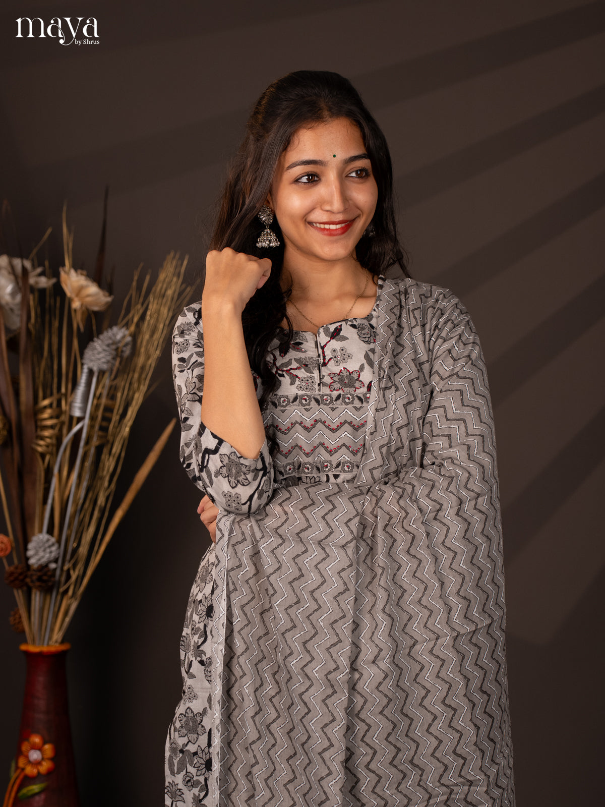 Grey Cotton 3Pc Salwar Suit with Floral Print - Top, Bottom & Dupatta - Shop on Shrus.com