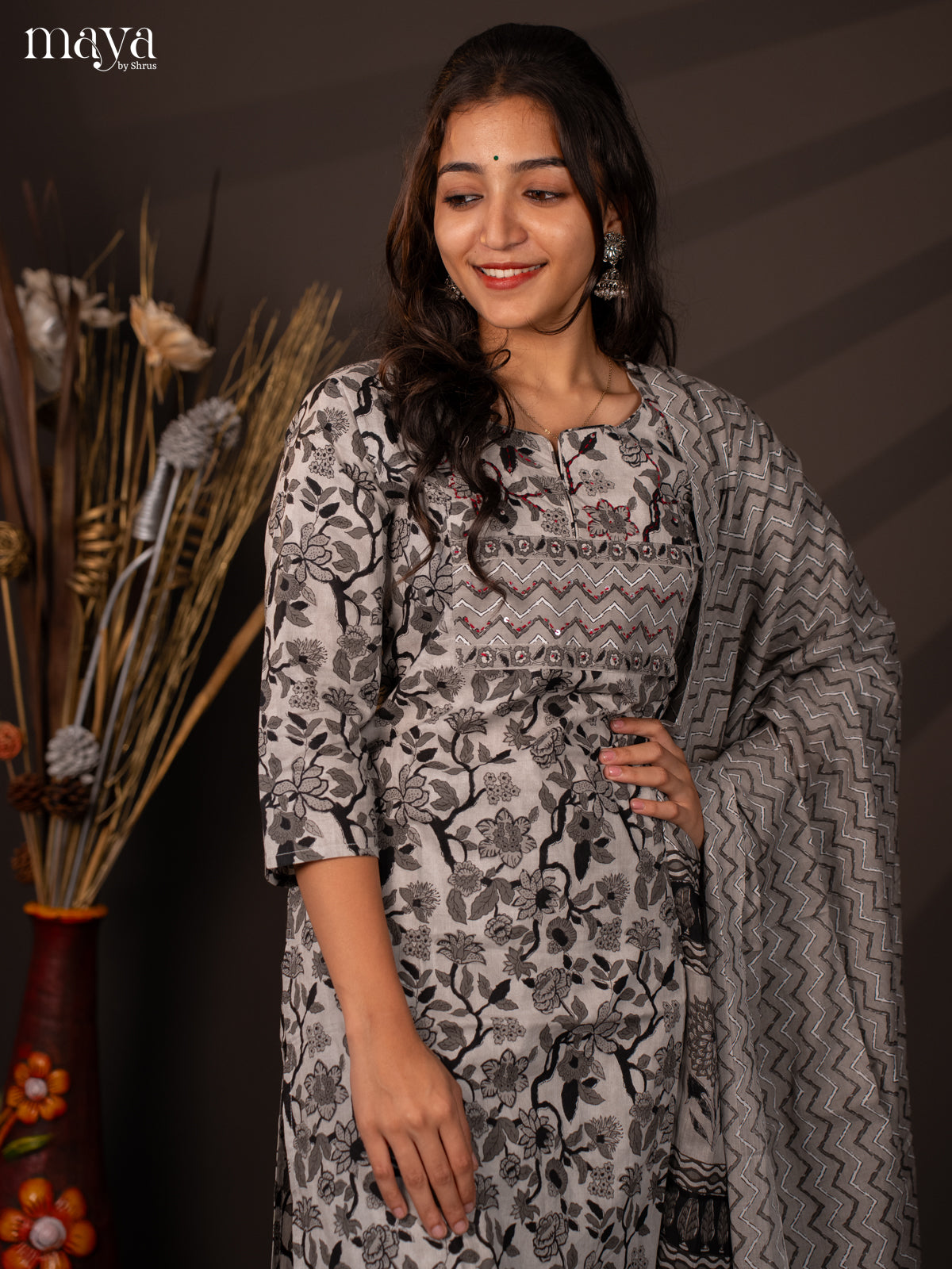 Grey Cotton 3Pc Salwar Suit with Floral Print - Top, Bottom & Dupatta - Shop on Shrus.com