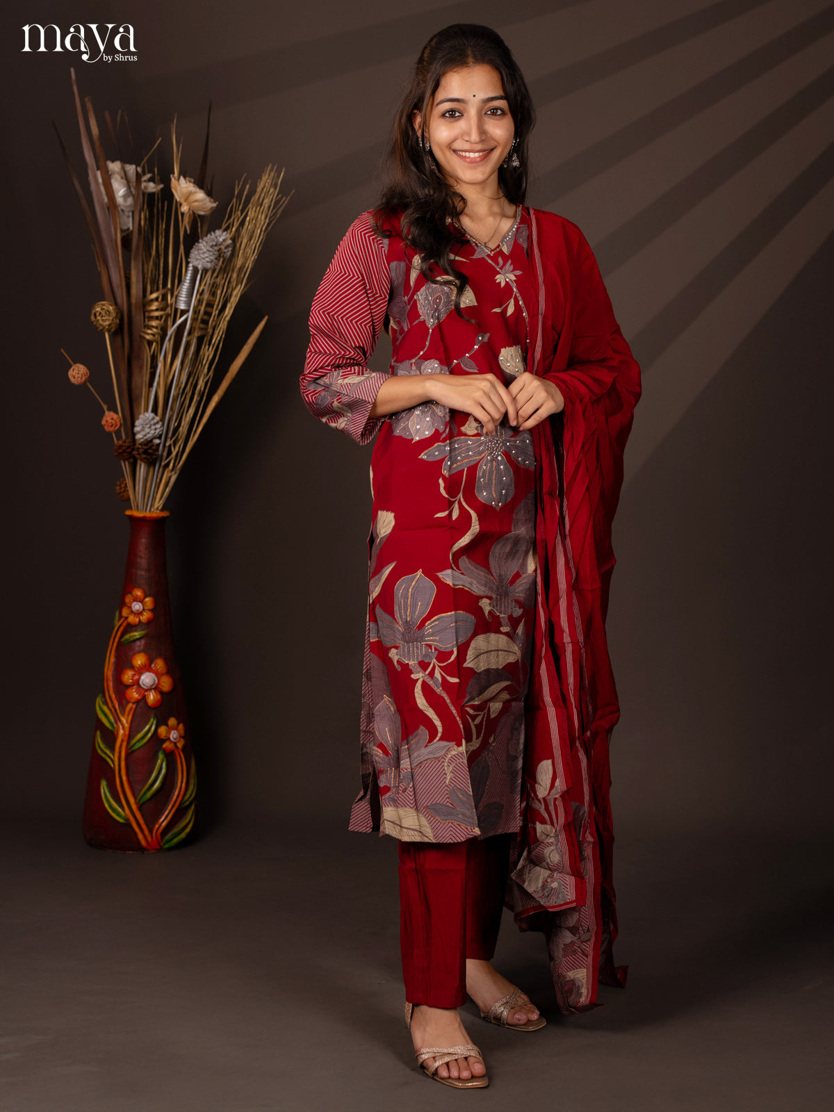 Red Rayon 3Pc Salwar Suit with Floral Print - Top, Bottom & Dupatta - Shop on Shrus.com