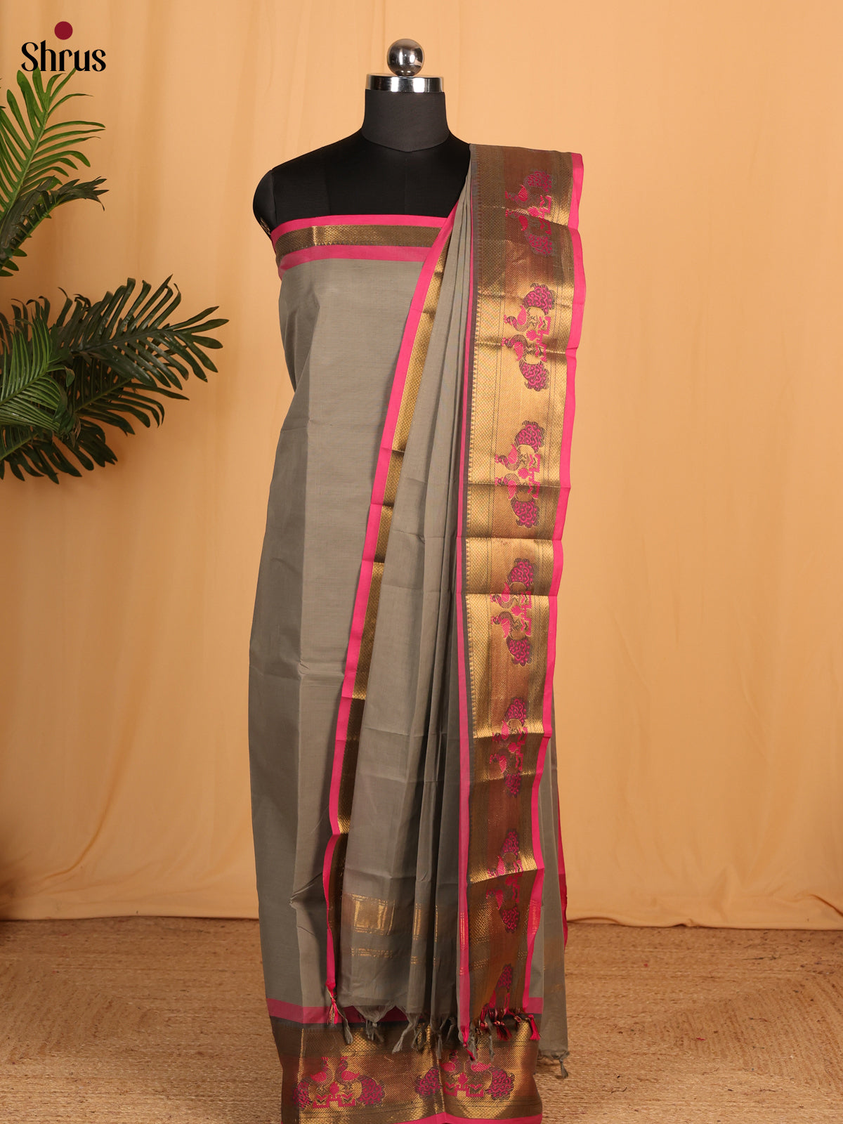 Grey & Pink - chettinad top & dupatta combo