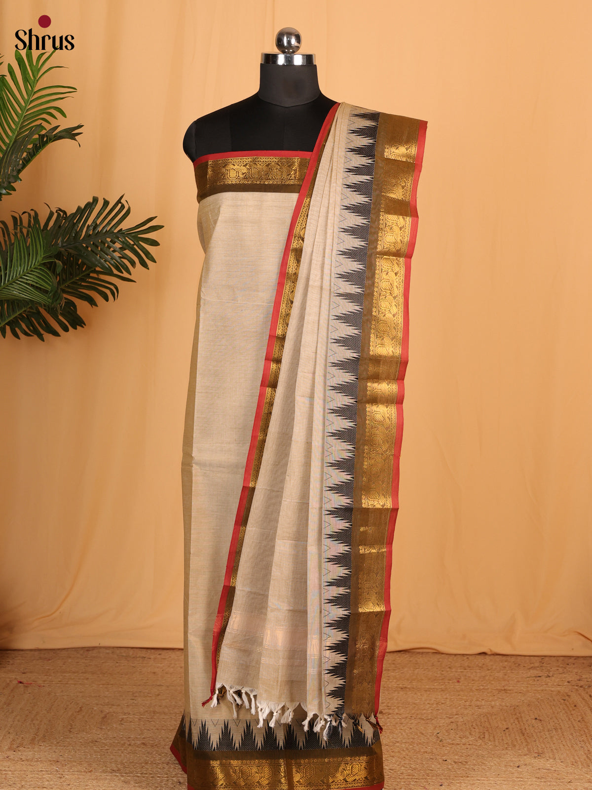 Cream  & Red - chettinad top & dupatta combo