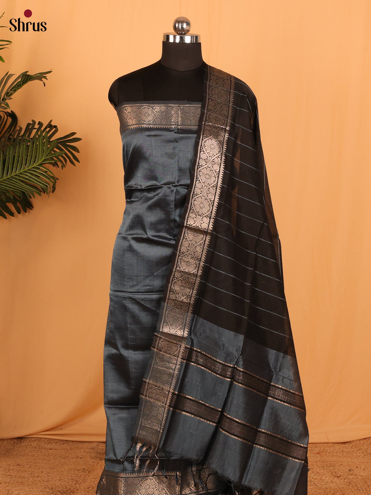 Grey With Black Mangalagiri Cotton Unstitched Suit Set