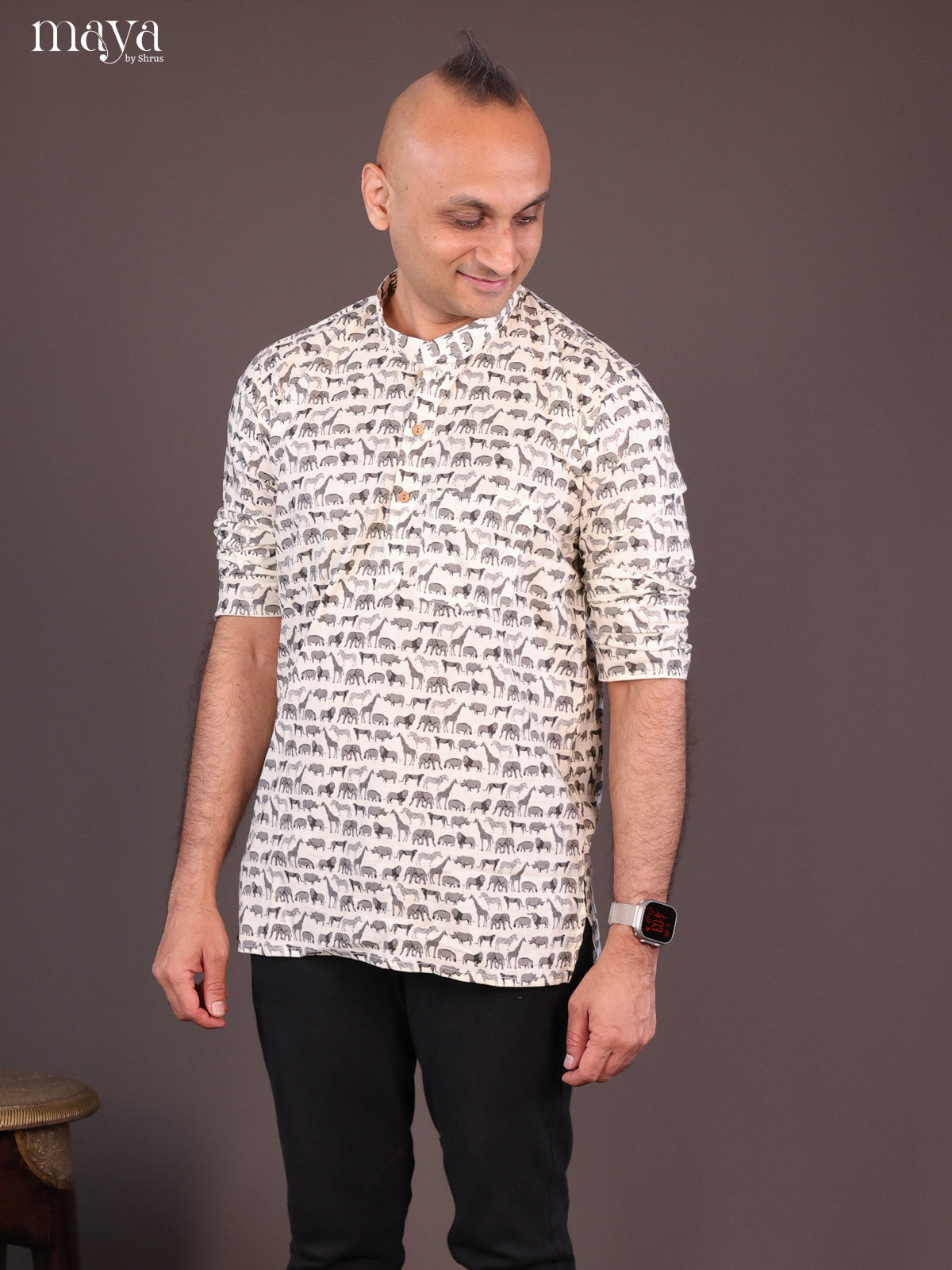 Cream Cotton Animal Printed Short Men Kurta - Shop on Shrus.com